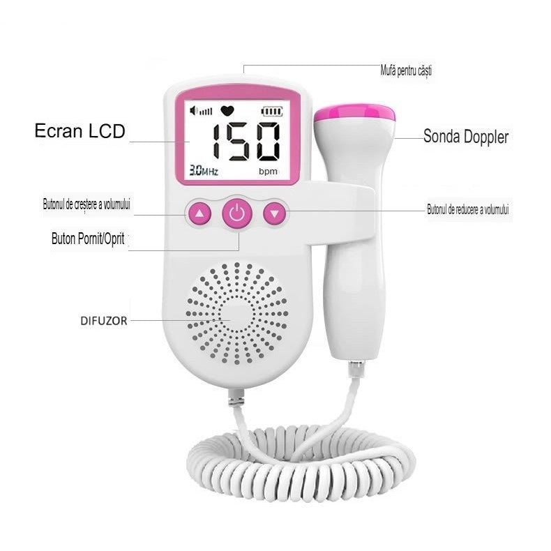 Monitor Fetal Doppler, Monitorizare Sarcina, Ritm Cardiac, Ecran LCD 4.5 cm, 2 x Baterii AA (neincluse), Portabil, din ABS, 12.8 x 9.6 x 3