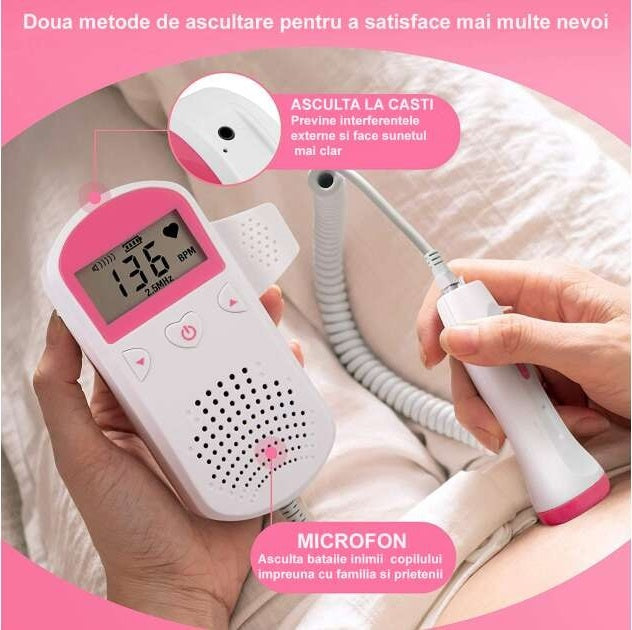 Monitor Fetal Doppler, Monitorizare Sarcina, Ritm Cardiac, Ecran LCD 4.5 cm, 2 x Baterii AA (neincluse), Portabil, din ABS, 12.8 x 9.6 x 3