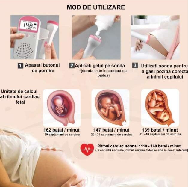 Monitor Fetal Doppler, Monitorizare Sarcina, Ritm Cardiac, Ecran LCD 4.5 cm, 2 x Baterii AA (neincluse), Portabil, din ABS, 12.8 x 9.6 x 3 cm, Utilizare de la 9 Saptamani, Verde