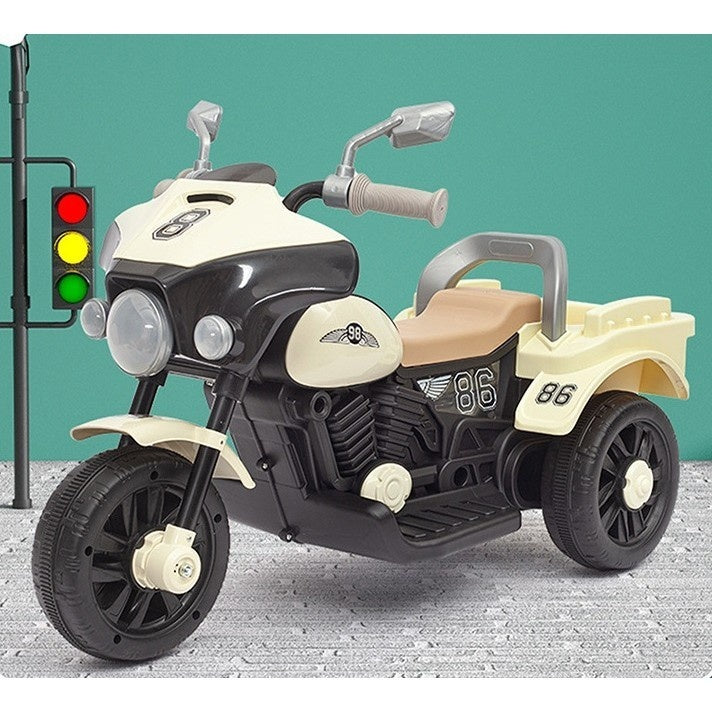 Motocicleta Electrica cu Acumulator, cu Sistem Anti-Rasturnare, Sistem de Lumini si Muzica, Cutie de Depozitare, 1-8 Ani, 93 x 43 x 58 cm, Alb - Bej