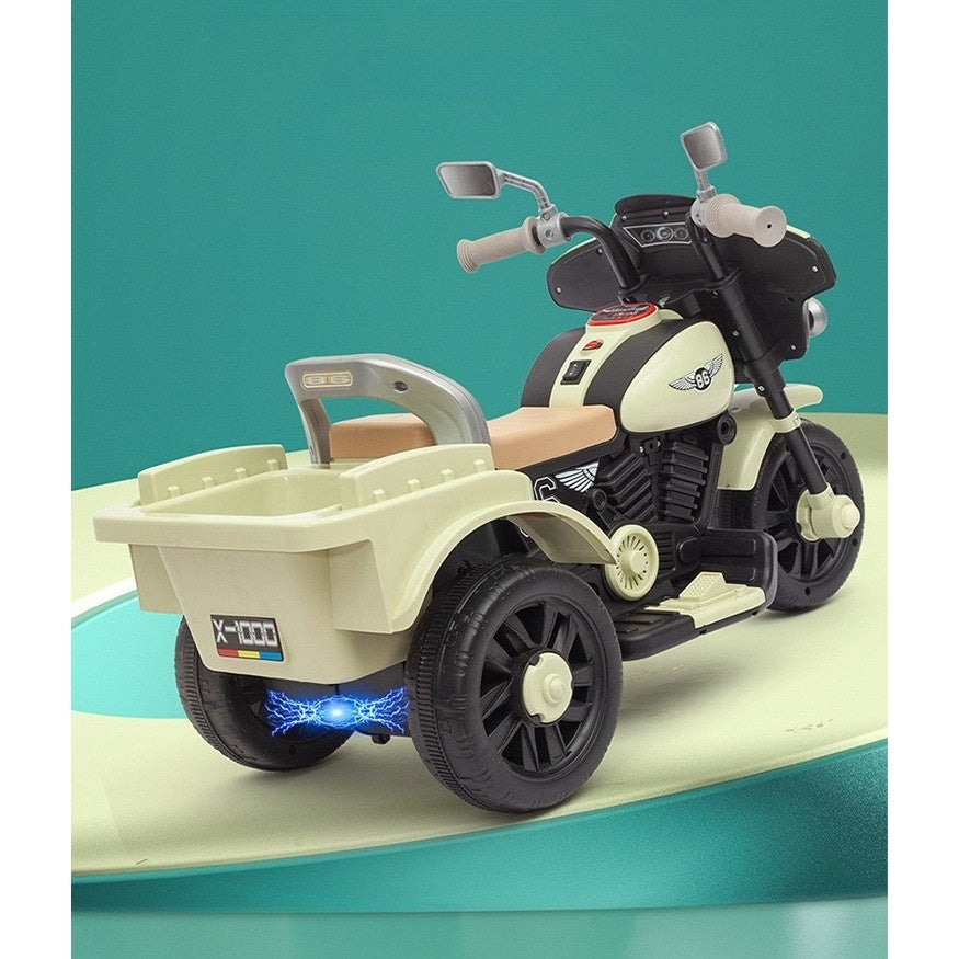 Motocicleta Electrica cu Acumulator, cu Sistem Anti-Rasturnare, Sistem de Lumini si Muzica, Cutie de Depozitare, 1-8 Ani, 93 x 43 x 58 cm, Alb - Bej
