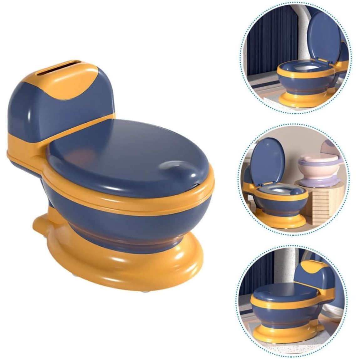 Olita Bebelusi, pentru Copii 1 - 8 Ani, Model Toaleta Adulti, Colac Moale PVC, Compartiment Detasabil, Cutie Depozitare Hartie, 34 x 32 x 19 cm, Albastru/Portocaliu