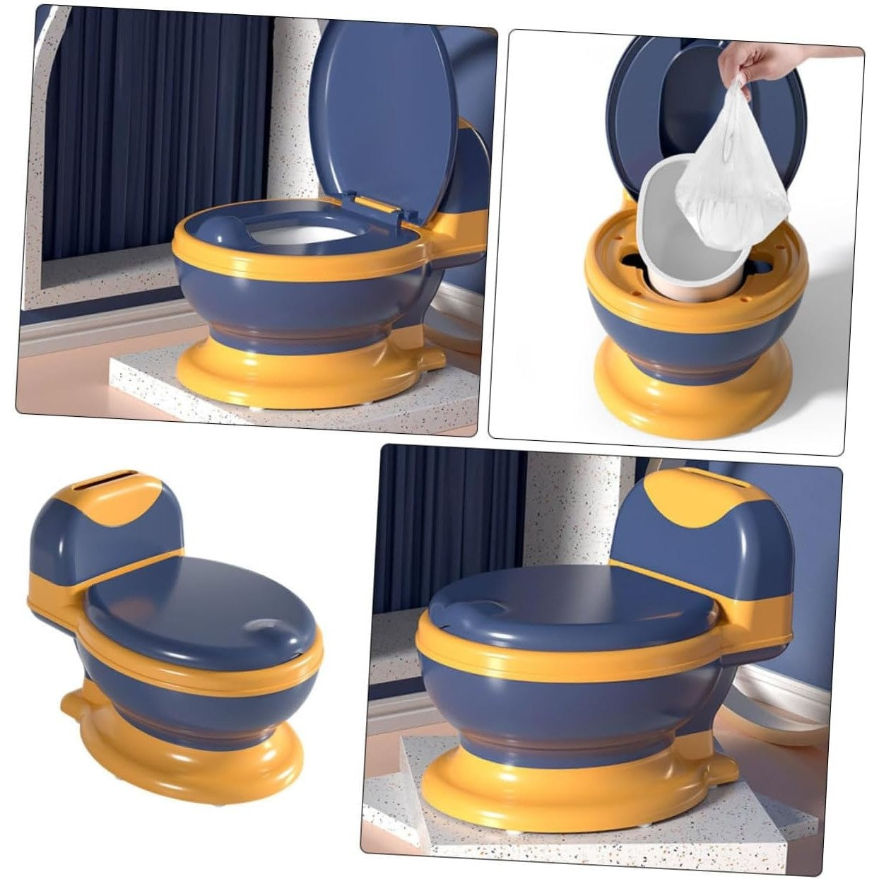 Olita Bebelusi, pentru Copii 1 - 8 Ani, Model Toaleta Adulti, Colac Moale PVC, Compartiment Detasabil, Cutie Depozitare Hartie, 34 x 32 x 19 cm, Albastru/Portocaliu