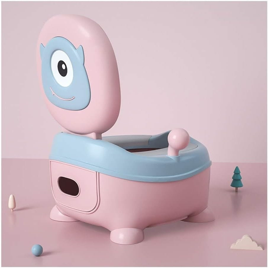 Olita pentru Copii, +6 luni, Compartiment Detasabil, cu Capac, Antiderapanta, din Plastic, Colac Moale, Model Animat Ciclop, cu Maner, 33 x 21 x 45 cm, Albastru/Roz