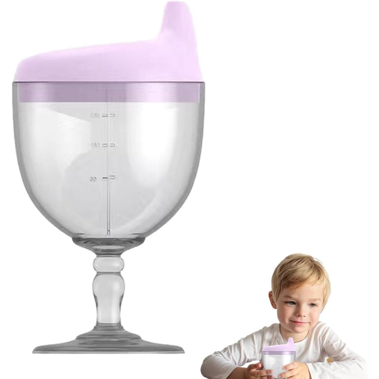 Pahar din Plastic Transparent cu Picior, pentru Copii, 14 x 7.7 cm, cu Cioc Antiscurgere, + 3 Ani, Fara Maner, Mov