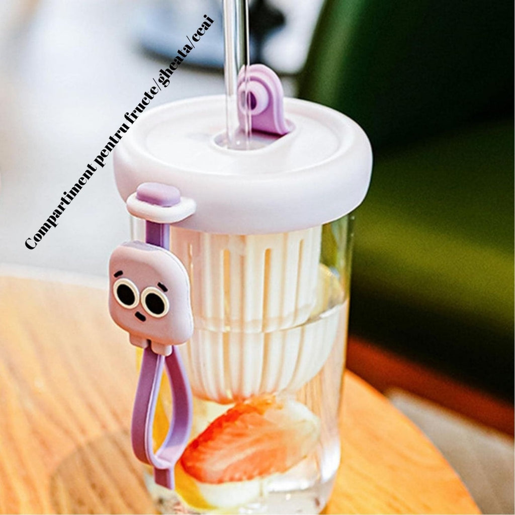 Pahar din silicon, cu capac si pai, pentru copii, anti-cadere, 500ml, Mov