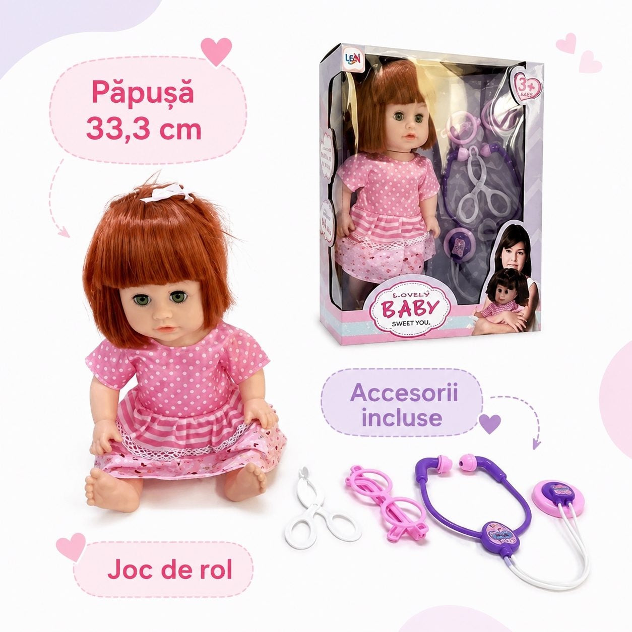 Papusa Bebelus, 33 cm, pentru Copii, cu Accesorii Medicale, Baby Doll Interactiva cu Stetoscop si Ochelari de Doctor, 3+ ani
