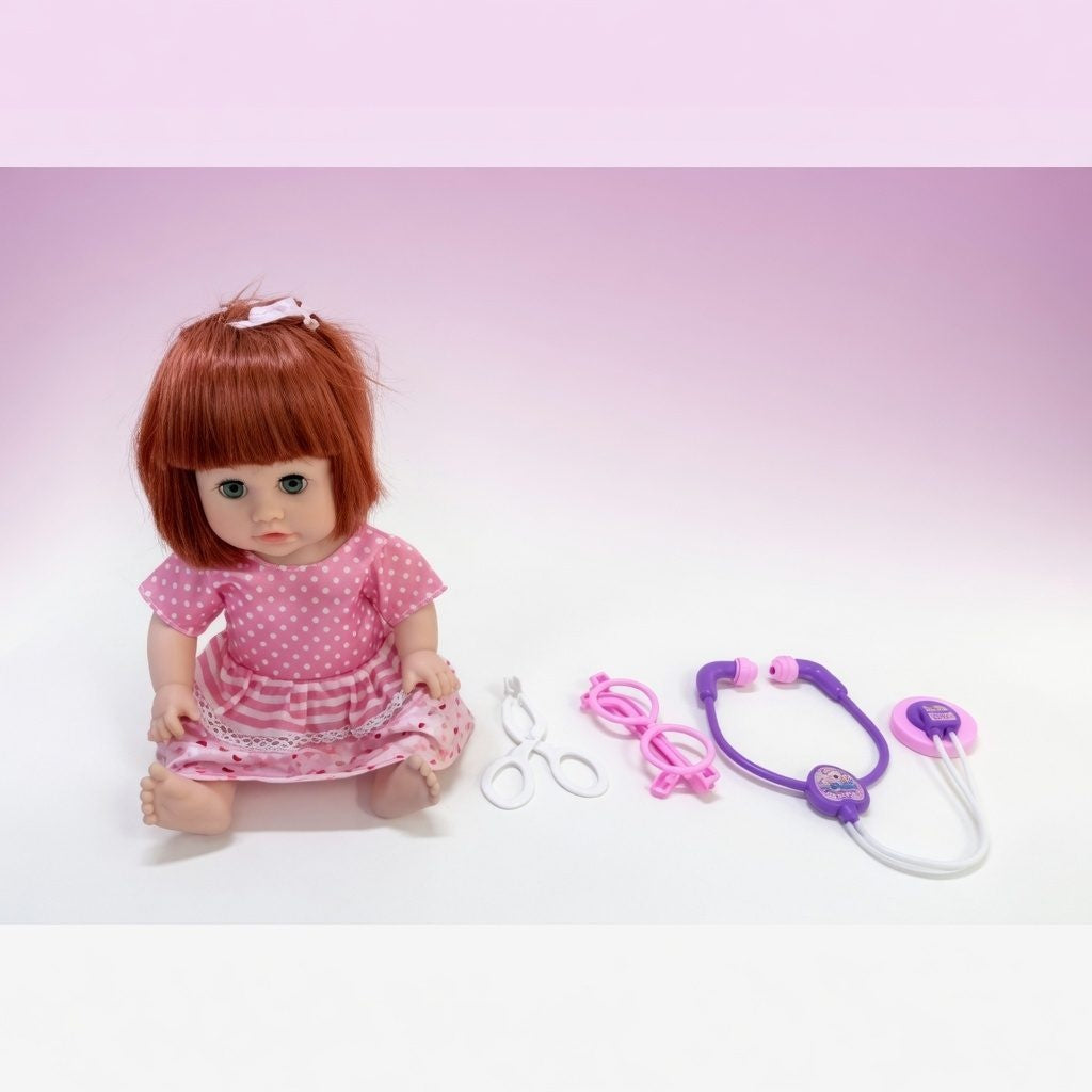 Papusa Bebelus, 33 cm, pentru Copii, cu Accesorii Medicale, Baby Doll Interactiva cu Stetoscop si Ochelari de Doctor, 3+ ani