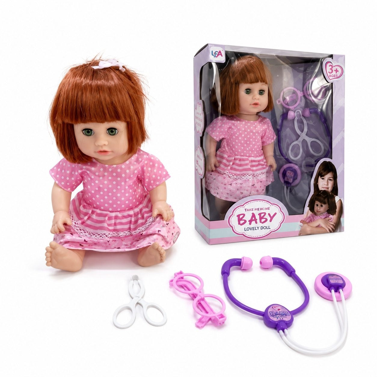 Papusa Bebelus, 33 cm, pentru Copii, cu Accesorii Medicale, Baby Doll Interactiva cu Stetoscop si Ochelari de Doctor, 3+ ani