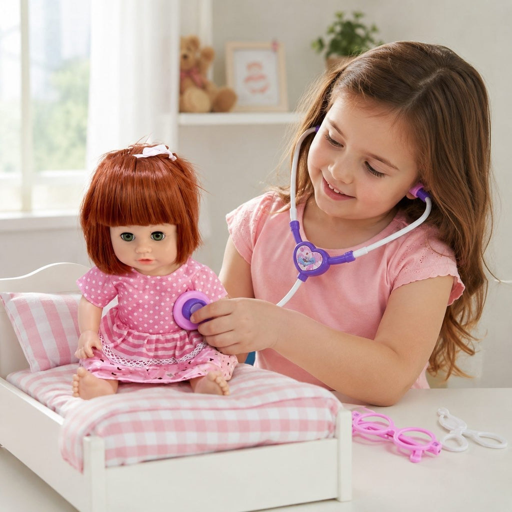 Papusa Bebelus, 33 cm, pentru Copii, cu Accesorii Medicale, Baby Doll Interactiva cu Stetoscop si Ochelari de Doctor, 3+ ani