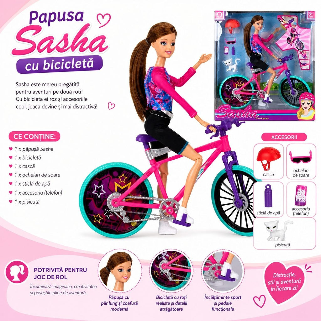 Papusa Sport cu Accesorii Ciclism Casca si Animalut