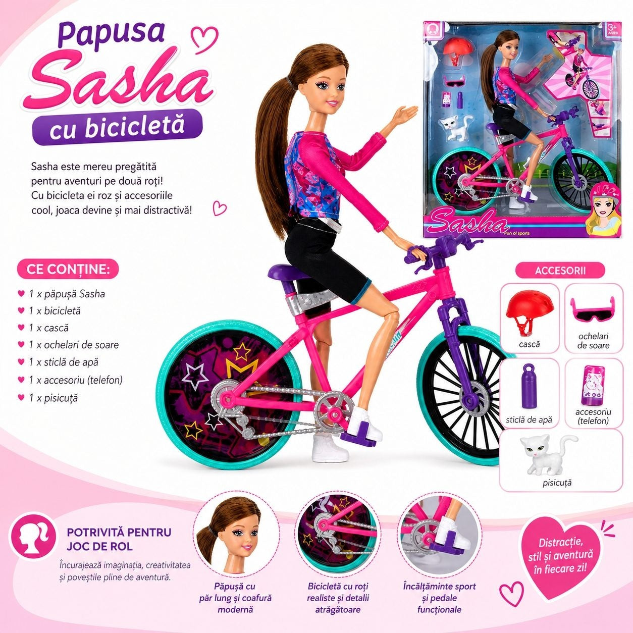 Papusa Sport cu Accesorii Ciclism Casca si Animalut