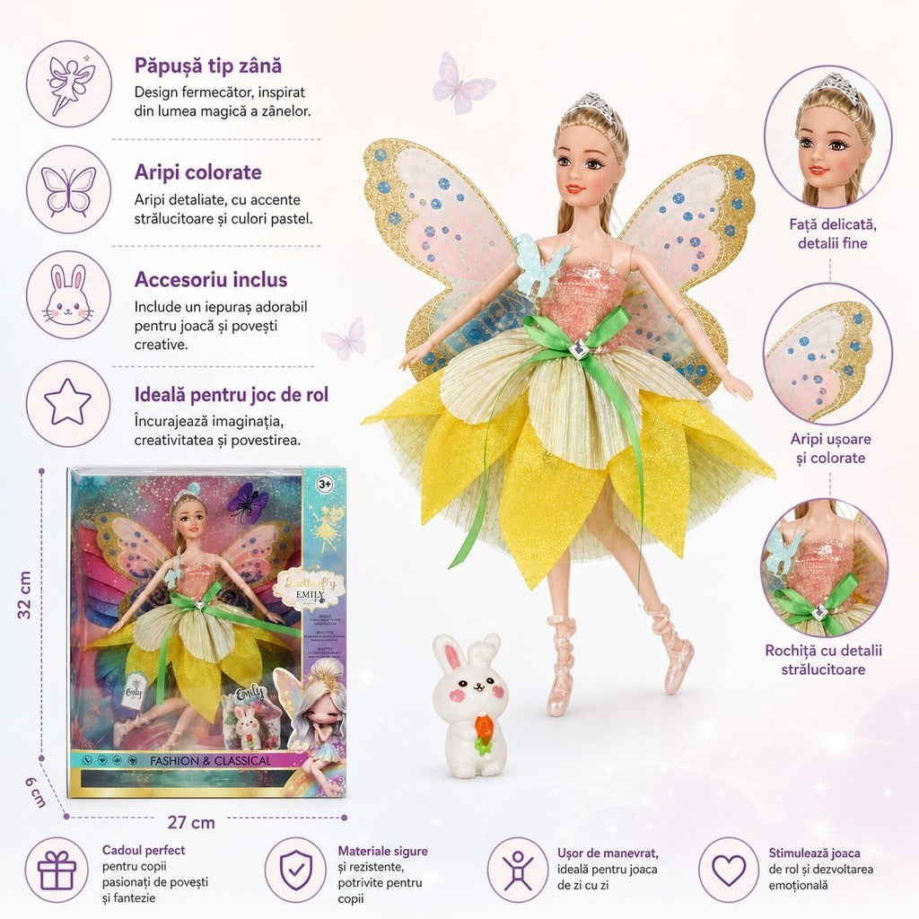 Papusa Zana Fashion cu Aripi si Rochie Eleganta Galbena, 3+ ani