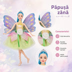 Papusa Zana Fashion cu Aripi si Rochie Eleganta Verde/Roz, 3+ ani
