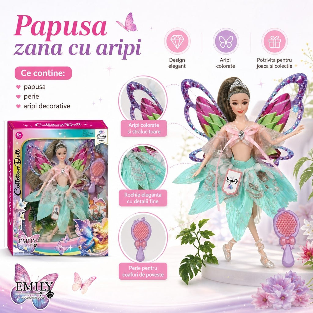 Papusa Zana Fashion cu Aripi si Rochie Eleganta Verde, +3 ani