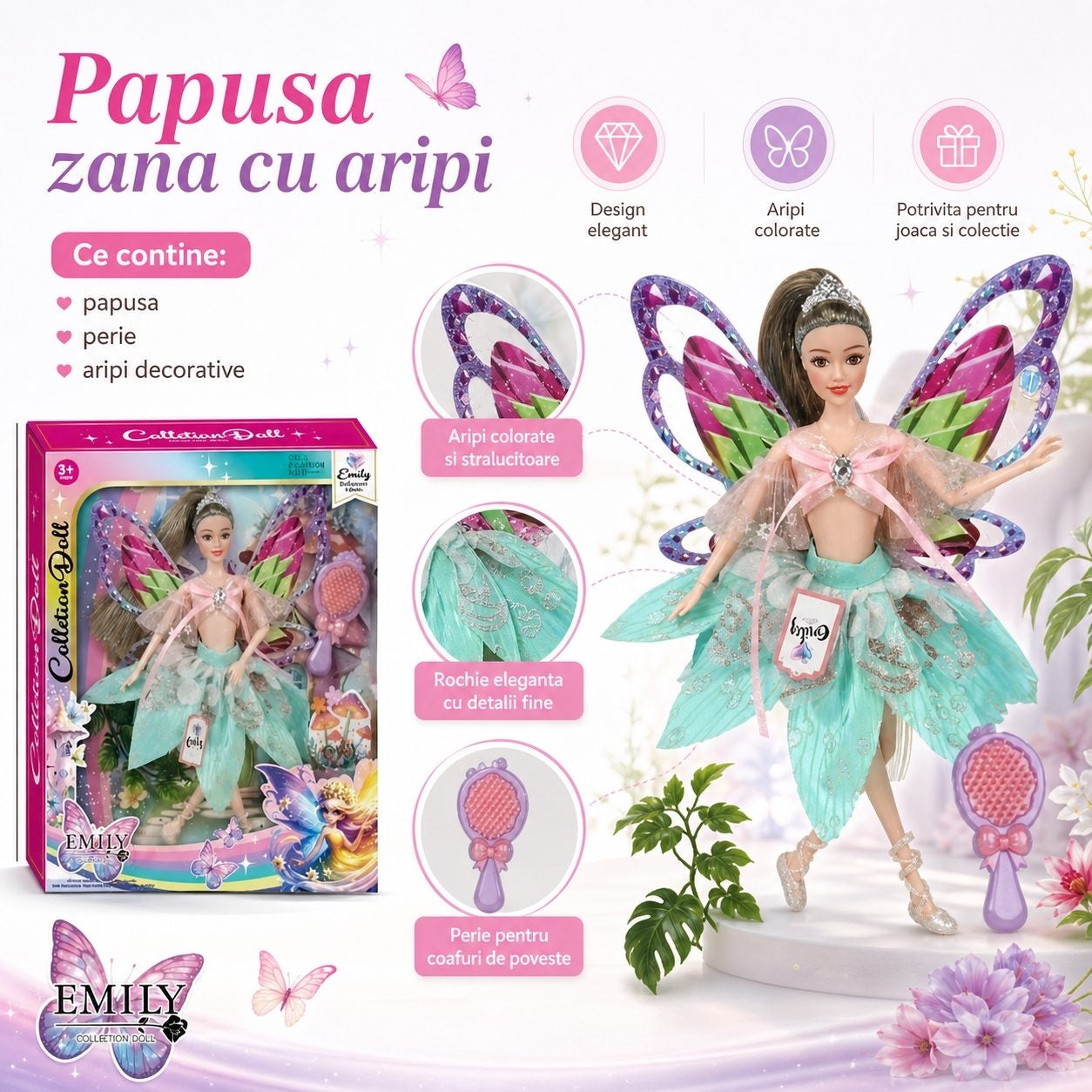 Papusa Zana Fashion cu Aripi si Rochie Eleganta Verde, +3 ani