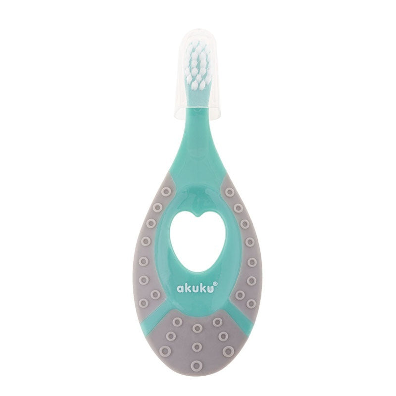 Periuta de dinti Akuku First brush bebelusi si copii, maner silicon, recomandat pentru 0-2 ani, turcoaz/gri