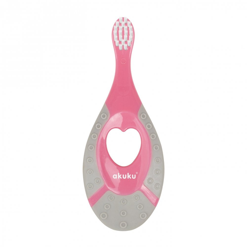 Periuta de dinti Akuku First brush bebelusi si copii, maner silicon, recomandat pentru 0-2 ani, roz/gri