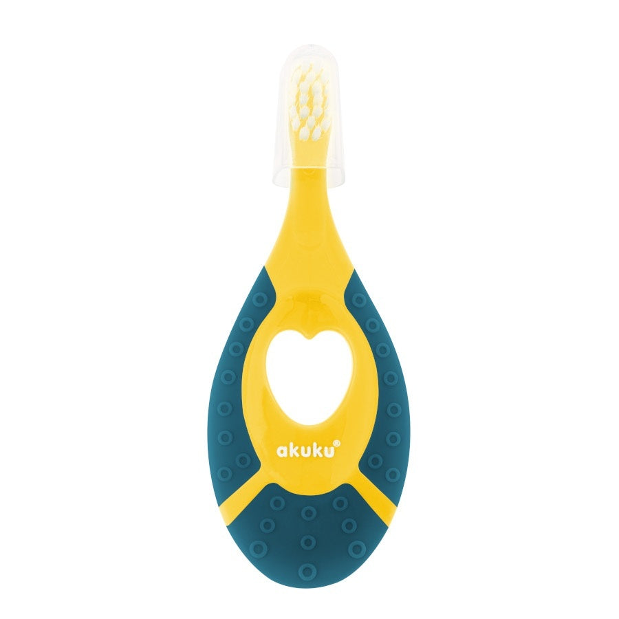 Periuta de dinti Akuku First brush bebelusi si copii, maner silicon, recomandat pentru 0-2 ani, verde/galben