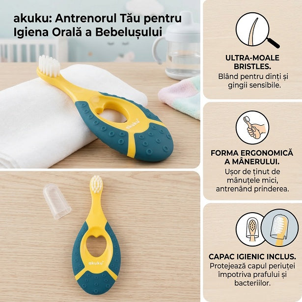 Periuta de dinti Akuku First brush bebelusi si copii, maner silicon, recomandat pentru 0-2 ani, verde/galben