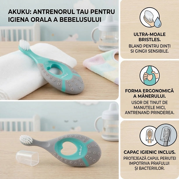Periuta de dinti Akuku First brush bebelusi si copii, maner silicon, recomandat pentru 0-2 ani, turcoaz/gri