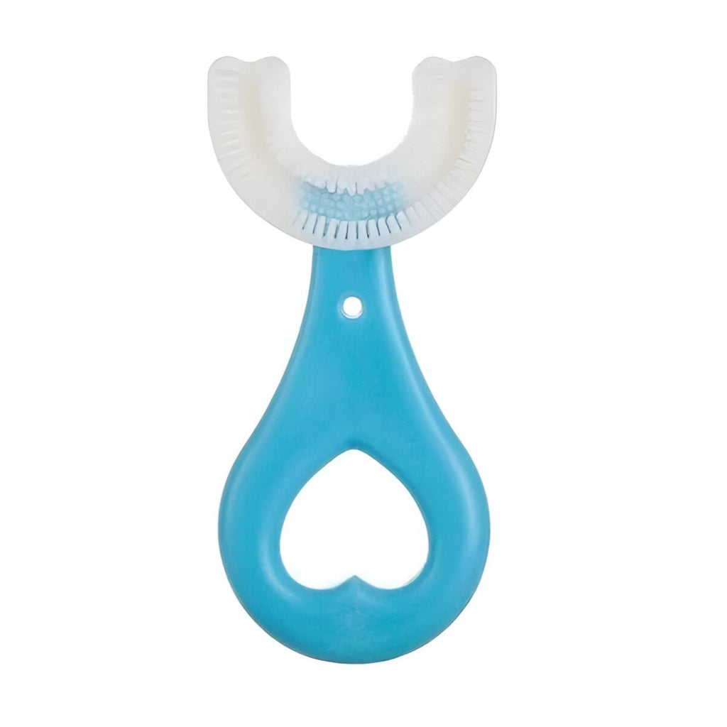 Periuta de Dinti in Forma de U, varsta 2-6 ani, Peri Moi, 9 cm, Model Inima, Culoare Albastru