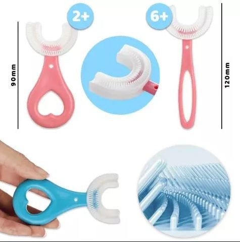 Periuta de Dinti in Forma de U, varsta 2-6 ani, Peri Moi, 9 cm, Model Inima, Culoare Albastru