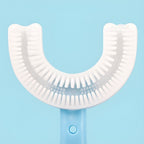 Periuta de Dinti in Forma de U, Varsta 6-12 ani, Peri Moi, 12 cm, Model Inima, Culoare Albastru