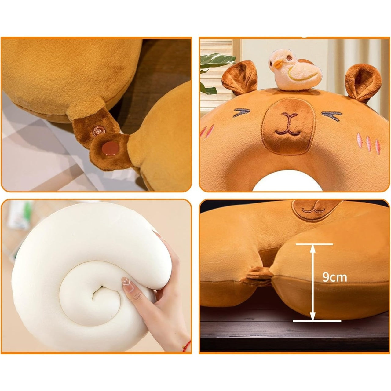 Perna de Calatorie in Forma de U, Pentru Gat si Cap, Umplutura din Spuma cu Memorie, 30x30 cm, Model Capybara, Accesoriu de Voiaj, Birou, Masina, Sistem Prindere Capse, Maro