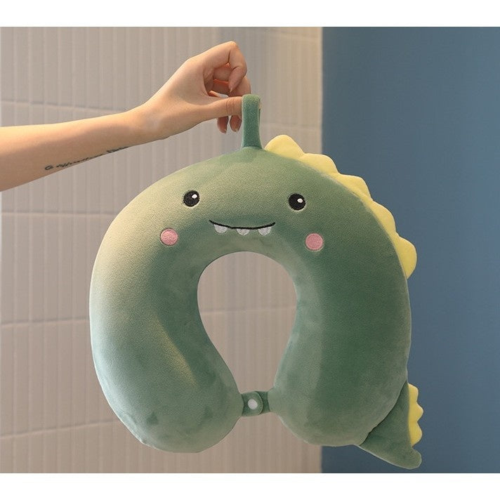 Perna de Calatorie in Forma de U, Pentru Gat si Cap, Umplutura din Spuma cu Memorie, 30x30 cm, Model Dinozaur, Accesoriu de Voiaj, Birou, Masina, Sistem Prindere Capse, Verde