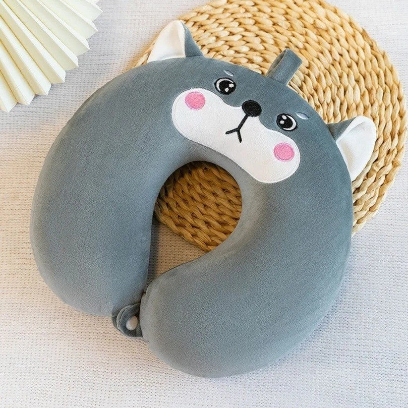 Perna de Calatorie in Forma de U, Pentru Gat si Cap, Umplutura din Spuma cu Memorie, 30x30 cm, Model Husky, Accesoriu de Voiaj, Birou, Masina, Sistem Prindere Capse, Gri