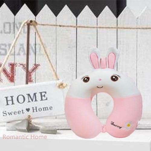 Perna de Calatorie in Forma de U, Pentru Gat si Cap, Umplutura din Spuma cu Memorie, 30x30 cm, Model Iepuras, Accesoriu de Voiaj, Birou, Masina, Sistem Prindere Capse, Roz-Alb