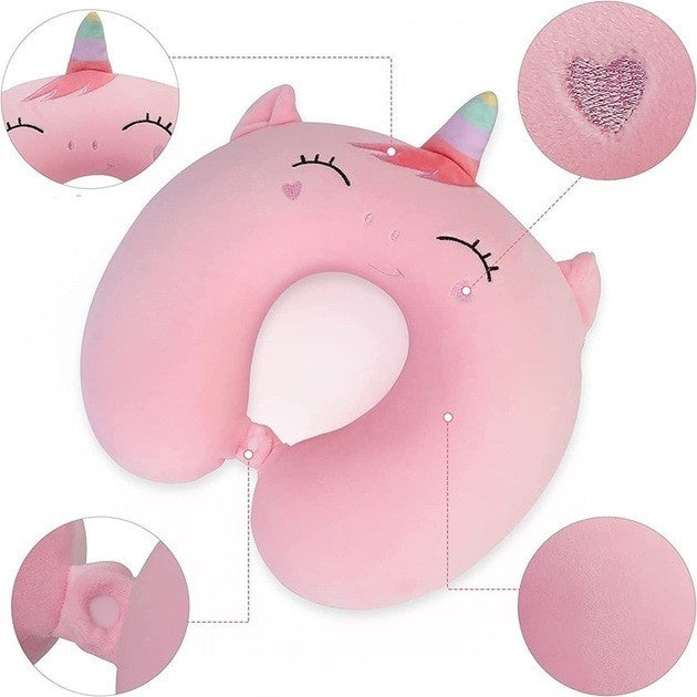 Perna de Calatorie in Forma de U, Pentru Gat si Cap, Umplutura din Spuma cu Memorie, 30x30 cm, Model Unicorn, Accesoriu de Voiaj, Birou, Masina, Sistem Prindere Capse, Roz