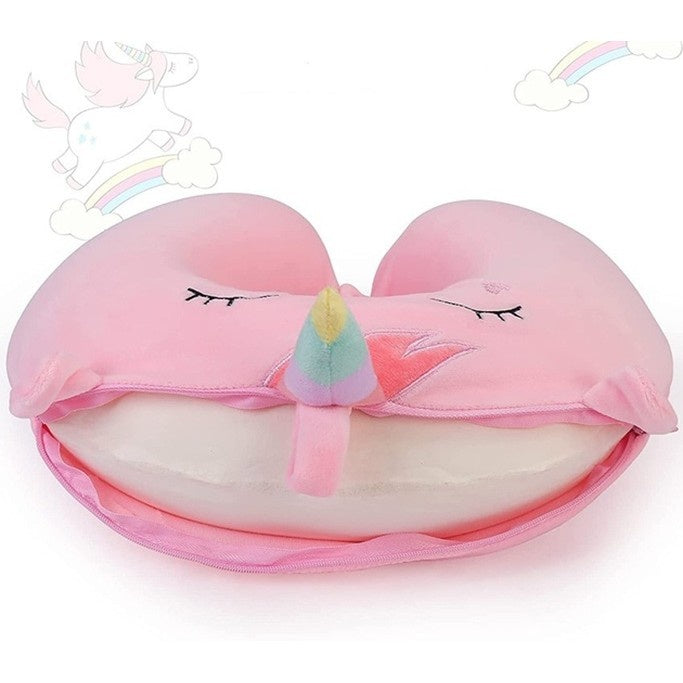 Perna de Calatorie in Forma de U, Pentru Gat si Cap, Umplutura din Spuma cu Memorie, 30x30 cm, Model Unicorn, Accesoriu de Voiaj, Birou, Masina, Sistem Prindere Capse, Roz