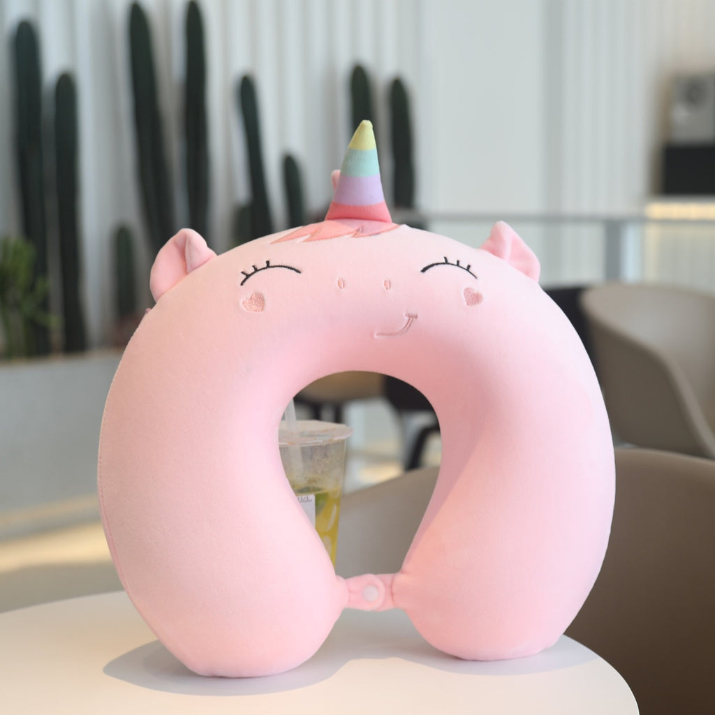 Perna de Calatorie in Forma de U, Pentru Gat si Cap, Umplutura din Spuma cu Memorie, 30x30 cm, Model Unicorn, Accesoriu de Voiaj, Birou, Masina, Sistem Prindere Capse, Roz
