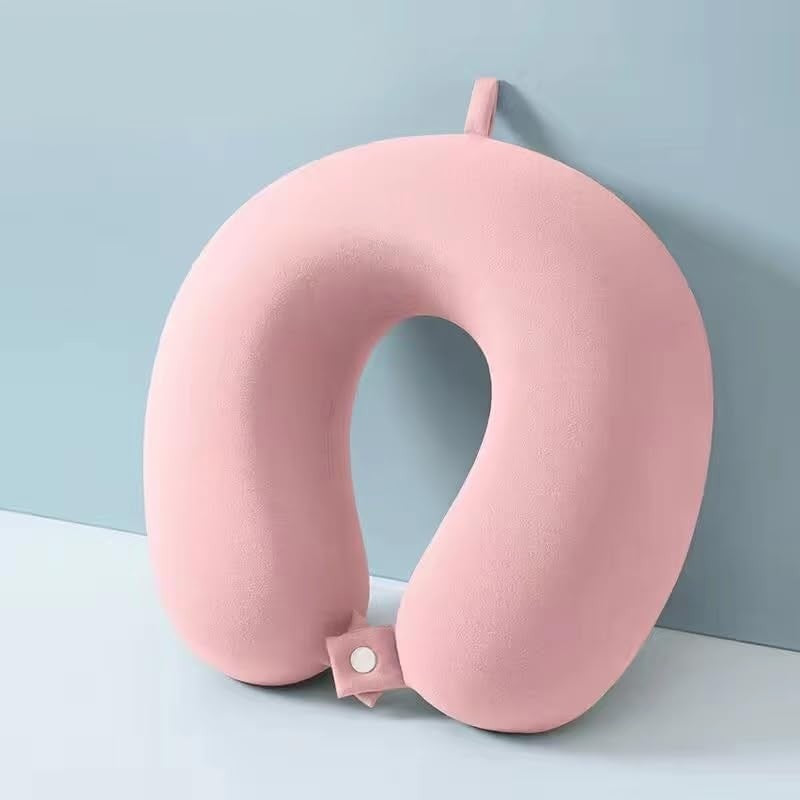 Perna de Calatorie in Forma de U, Pentru Gat si Cap, Umplutura din Spuma cu Memorie, 30x30 cm, Sistem Prindere Capse, Cutie de Depozitare, Roz