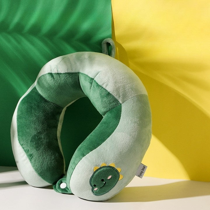 Perna de Calatorie, Pentru Gat si Cap, Umplutura din Bumbac, 28x28x10 cm, cu Model Brodat Dinozaur, Verde