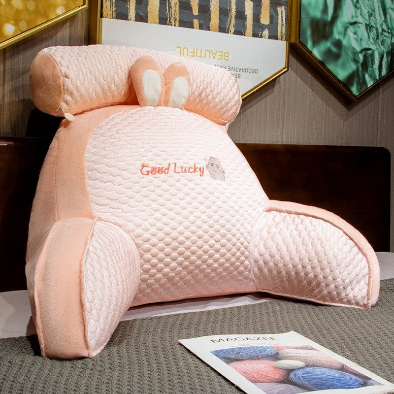 Perna Multifunctionala, Spatar pentru Pat, Protectie Lombara, Marime Medie, 60 x 40 cm, din Plus, Model Iepure, Roz