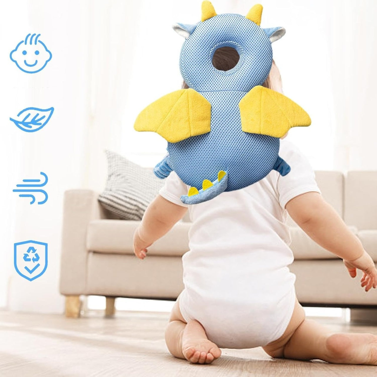 Perna tip Rucsac pentru Protectia Capului, Tetiera tip Dragon, pentru Bebelusi, Design tip Plasa, Albastru