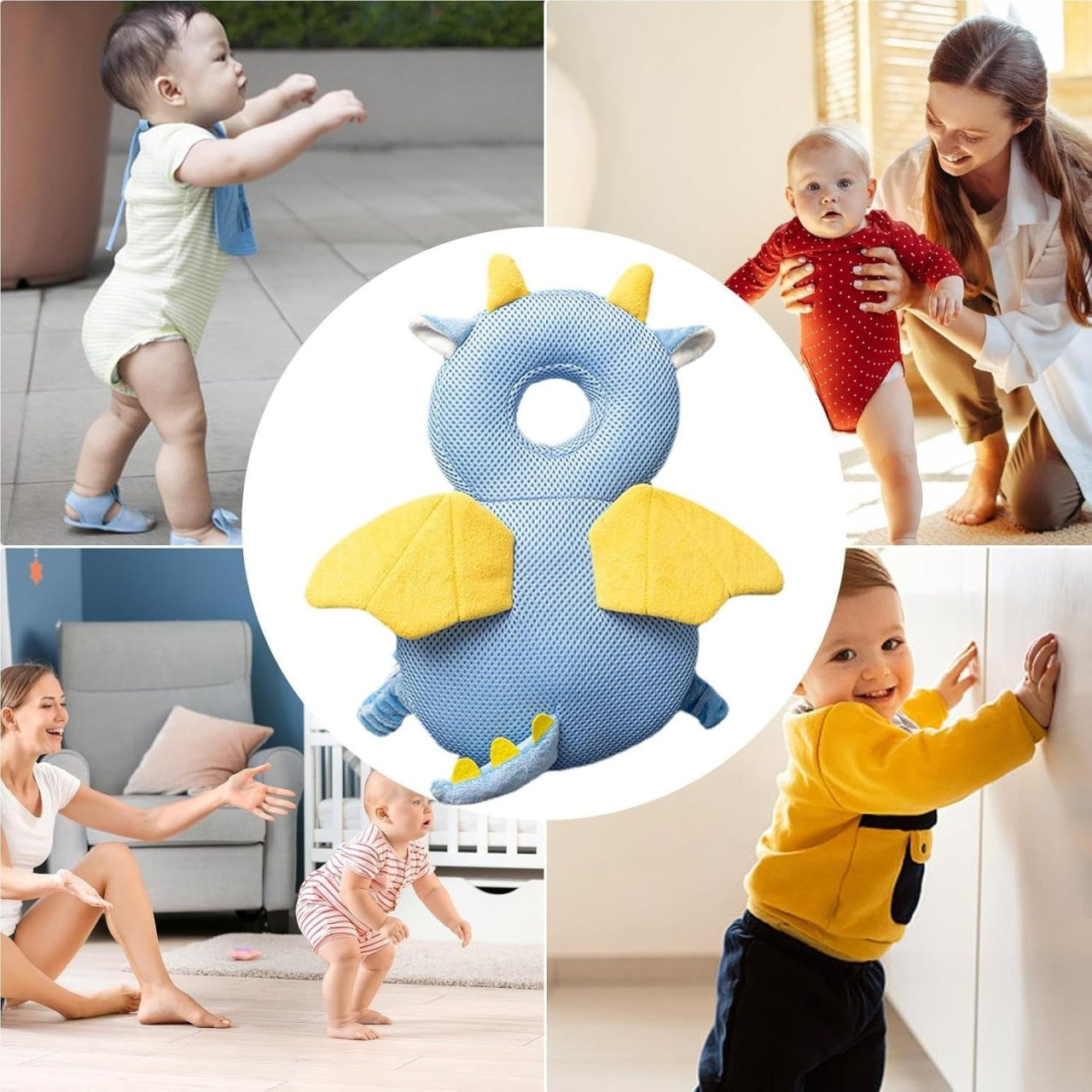 Perna tip Rucsac pentru Protectia Capului, Tetiera tip Dragon, pentru Bebelusi, Design tip Plasa, Albastru