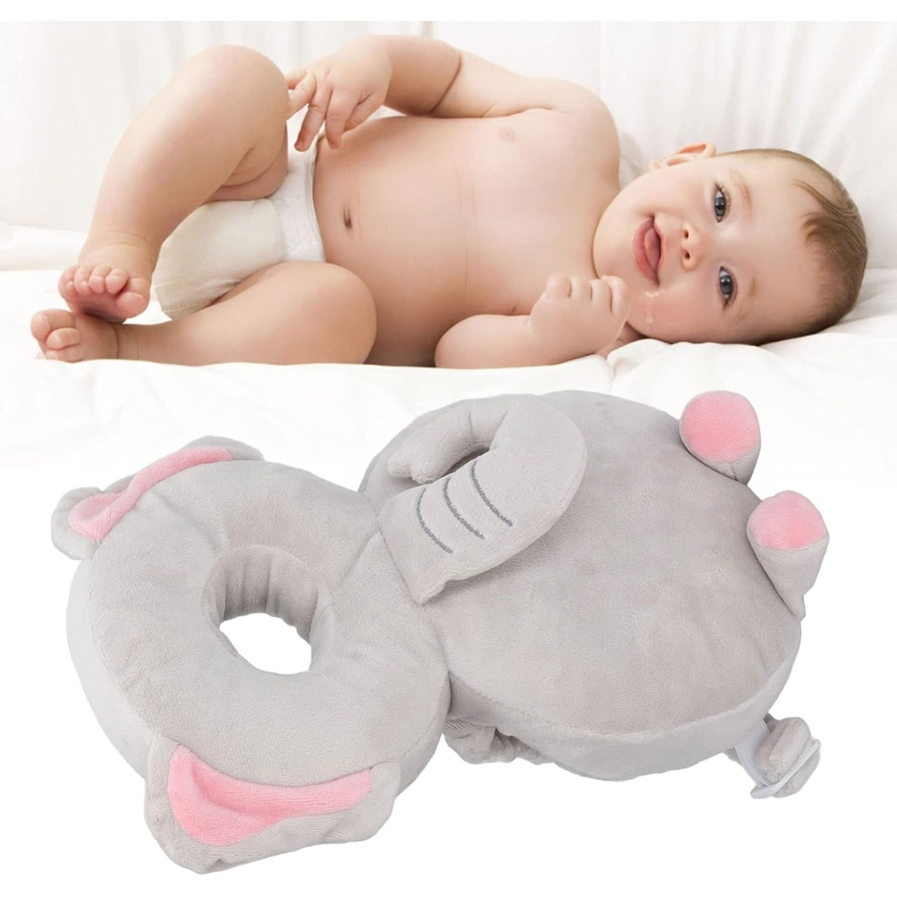 Perna tip Rucsac pentru Protectia Capului, Tetiera tip Elefant de Plus, pentru Bebelusi, Gri