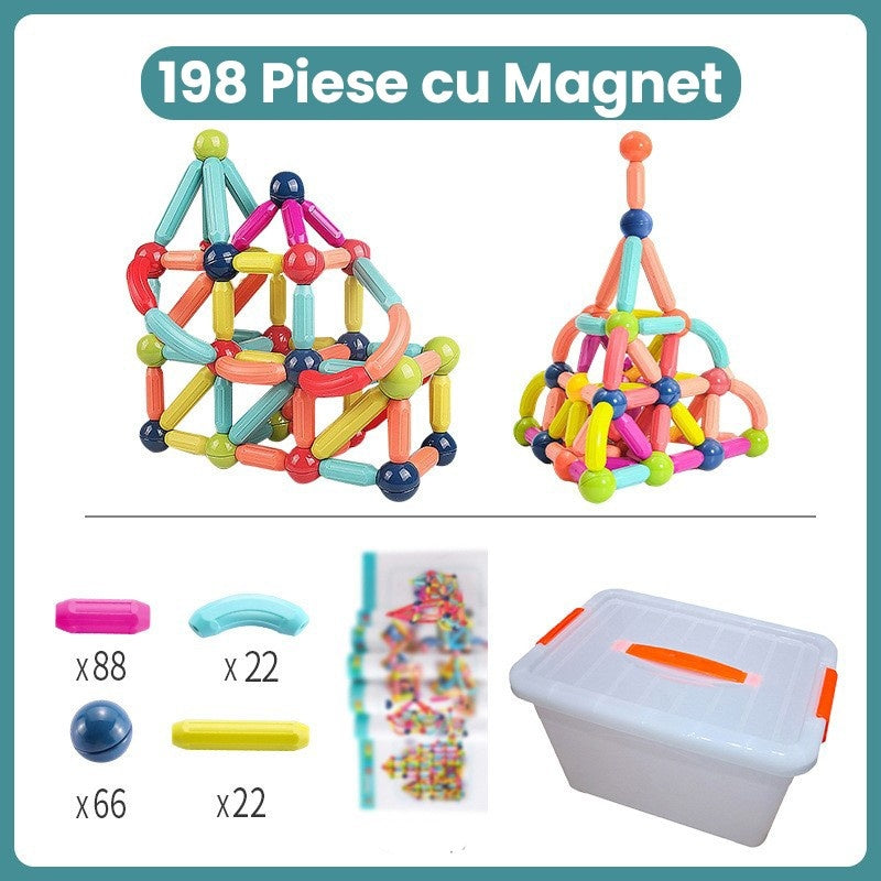 Piese Magnetice pentru Copii, Set din 198 de Piese de diferite Culori, Constructor Magnetic