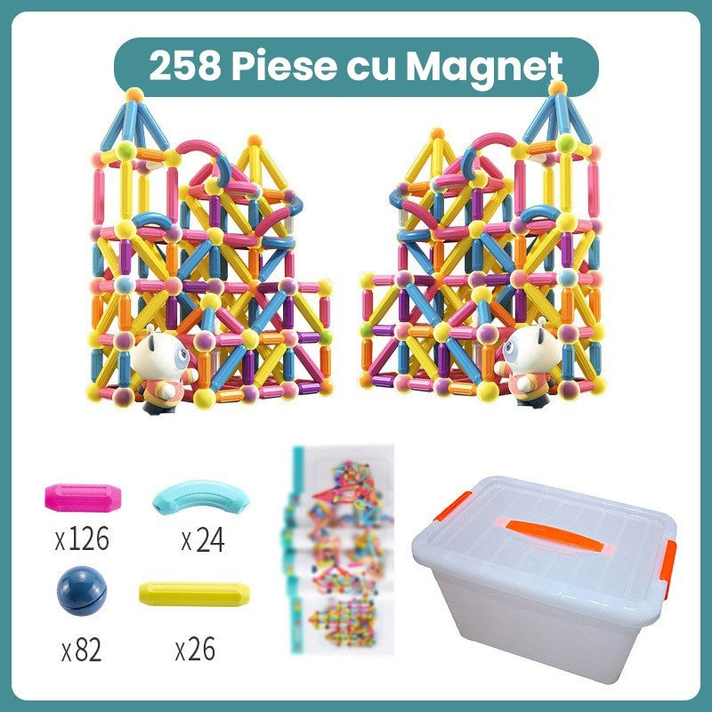 Piese Magnetice pentru Copii, Set din 258 de Piese de diferite Culori, Constructor Magnetic, Multicolor