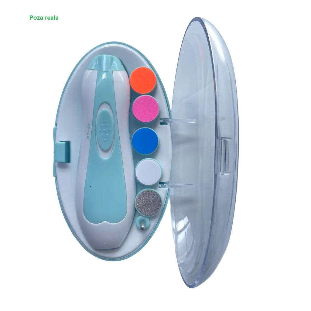 Pila Electrica Unghii pentru Bebelusi, 6 Piese, 15 x 4.5 x 3 cm, Silentios, 0-3 Ani, 4 Trepte de Viteza, Albastru