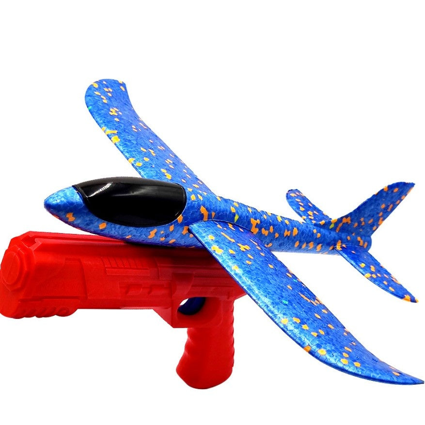 Pistol cu Lansator de Avion, din Polistiren+Plastic, +3 Ani, Avion 38 cm, Lansare 10 m, Rosu/Albastru