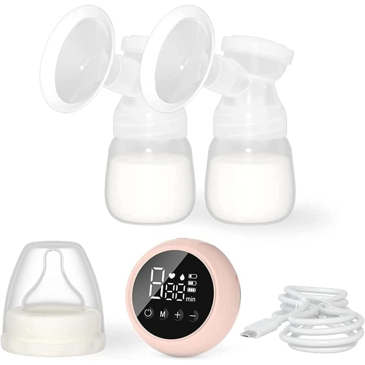 Pompa de San Electrica 2 in 1, cu 2 Biberoane, Capacitate 180 ml, Incarcare USB Tip C, 1200 mAh, 2 Moduri, 9 Viteze, Roz Transparent