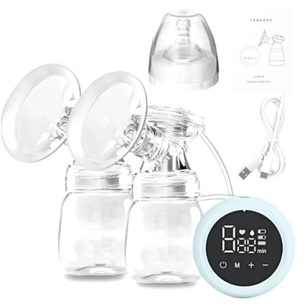 Pompa de San Electrica 2 in 1, cu 2 Biberoane, Capacitate 180 ml, Incarcare USB Tip C, 1200 mAh, 2 Moduri, 9 Viteze, Albastru Transparent