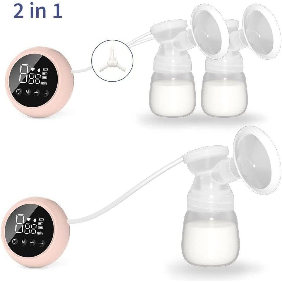 Pompa de San Electrica 2 in 1, cu 2 Biberoane, Capacitate 180 ml, Incarcare USB Tip C, 1200 mAh, 2 Moduri, 9 Viteze, Roz Transparent