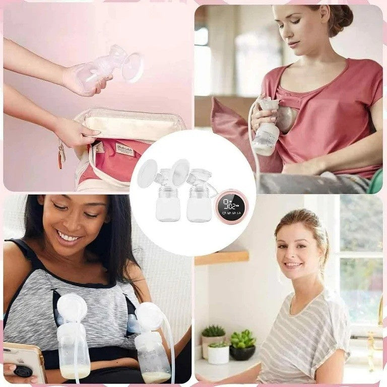 Pompa de San Electrica 2 in 1, cu 2 Biberoane, Capacitate 180 ml, Incarcare USB Tip C, 1200 mAh, 2 Moduri, 9 Viteze, Roz Transparent