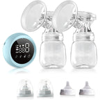 Pompa de San Electrica 2 in 1, cu 2 Biberoane, Capacitate 180 ml, Incarcare USB Tip C, 1200 mAh, 2 Moduri, 9 Viteze, Albastru Transparent